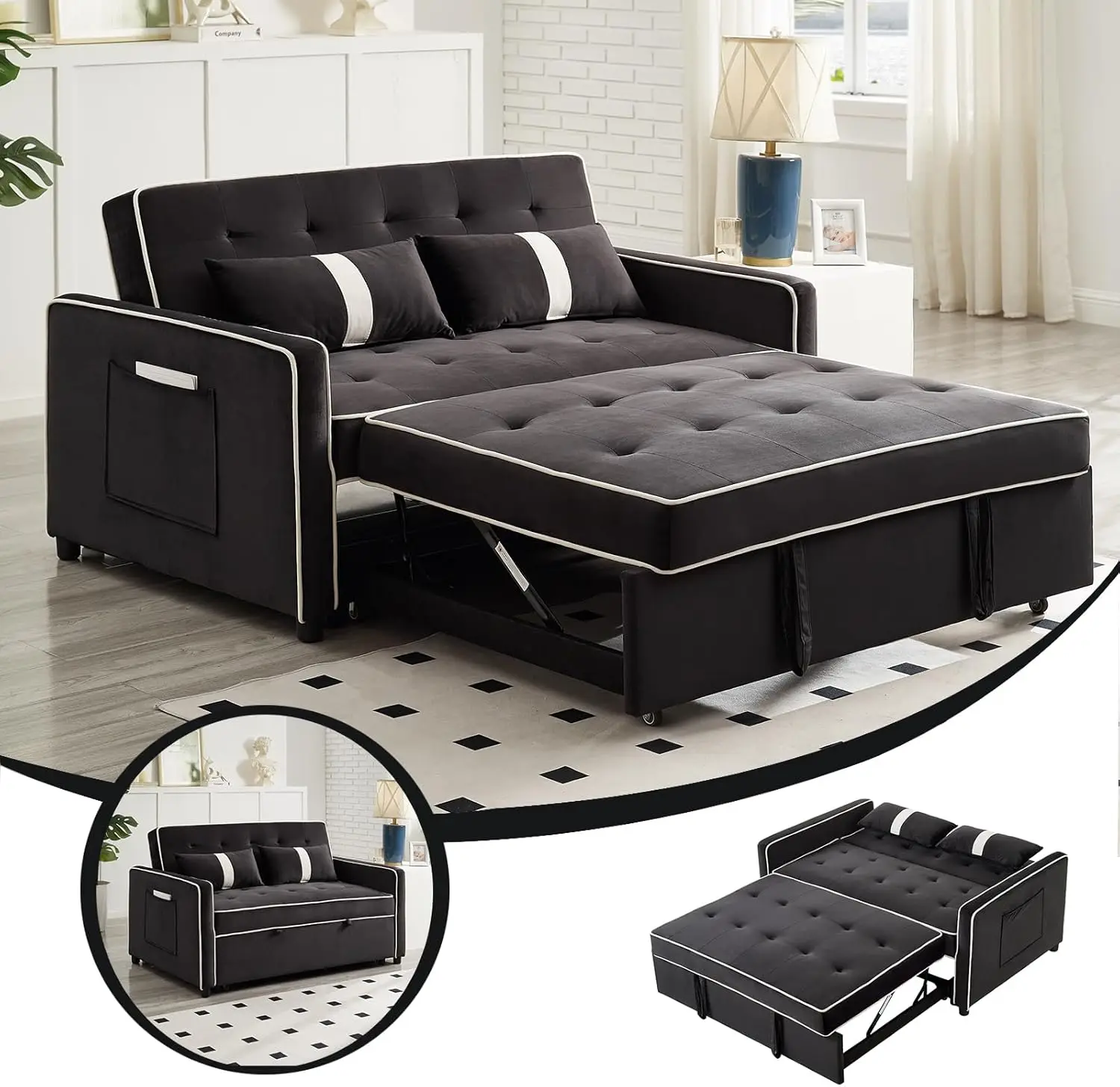 3 in 1 Convertible Sleeper Sofa Bed, Small Couch for Living Room Bedroom with Pullout Bed Adjustable Backrest,Velvet,Loveseat