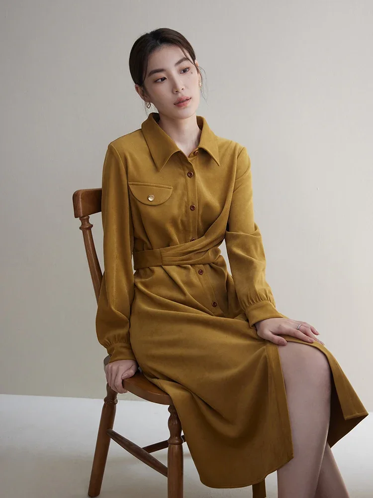 DUSHU Waistband Dress Winter 2023 New Design Sense Shirt Collar Mid Length Dress For Women Red Yellow Full Sleeve Women Dress