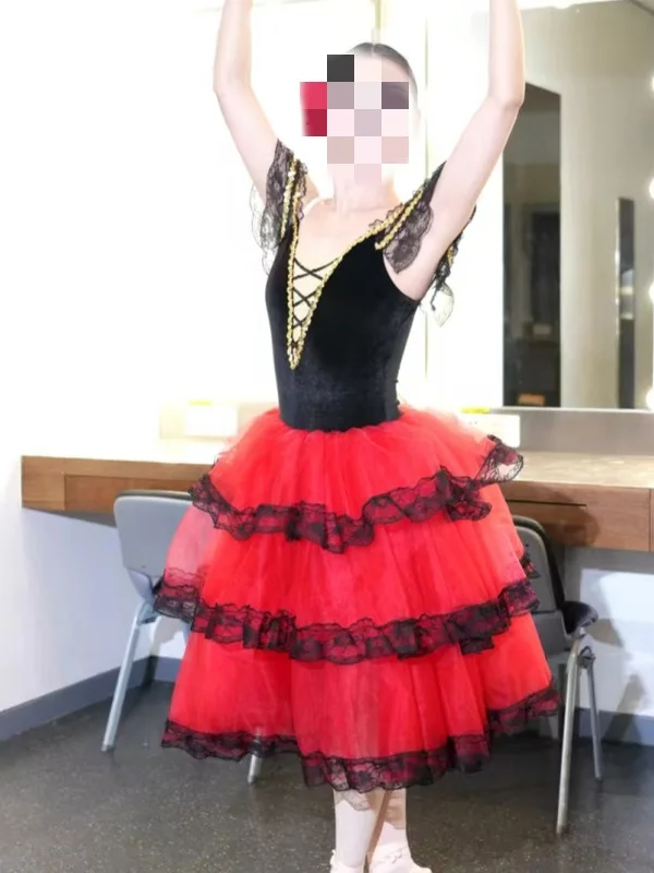 المهنية الباليه رومانسية توتو تنورة طويلة أسود أحمر اسبانيا فستان الفتيات الكبار الأطفال أداء ملابس الباليه للنساء