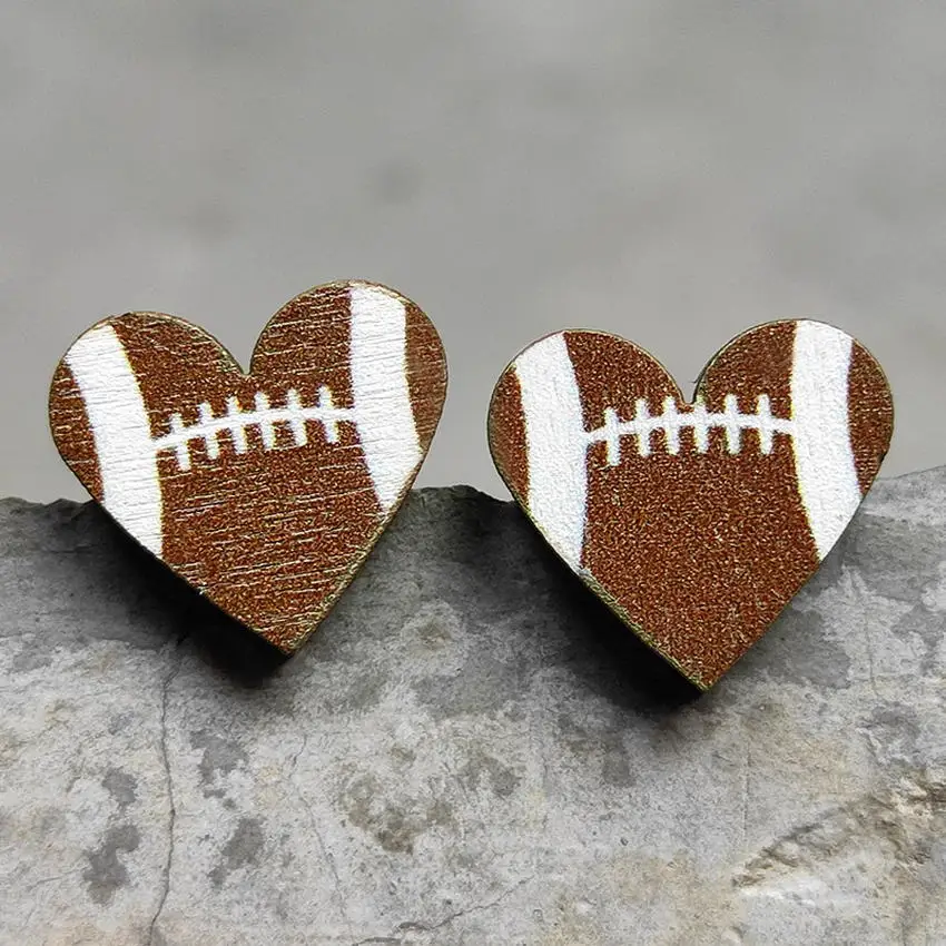 Mini Heart Shape Wood Baseball Softball Football Sports Stud Earrings for Women Ball Game Earrings Jewelry Wholesale