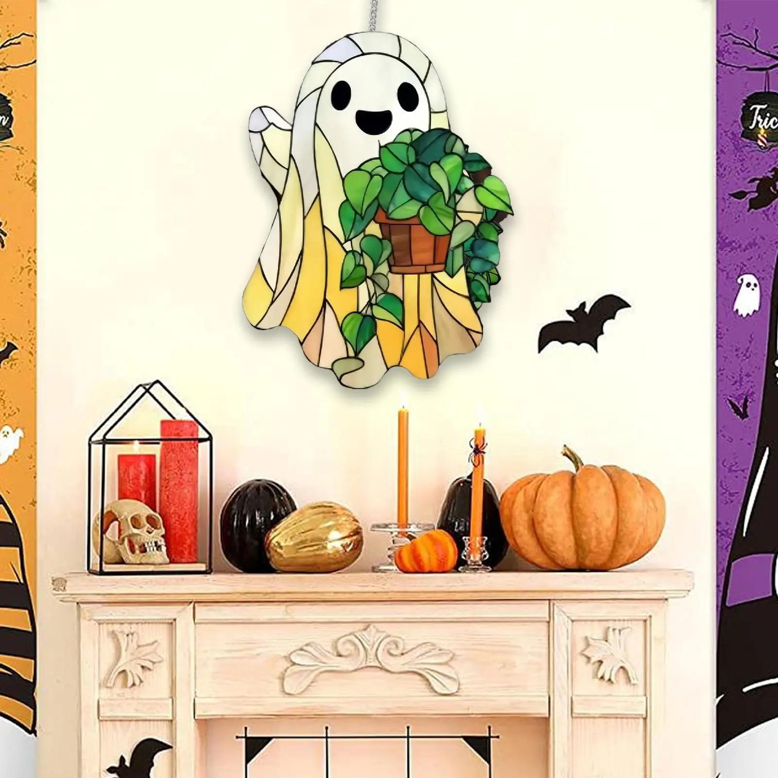 Ghost Stained Glass Ghost Halloween Tree Decorations 2D Cute Spooky Pendant Sun Catcher For Window Decor Indoor Outdoor Holiday