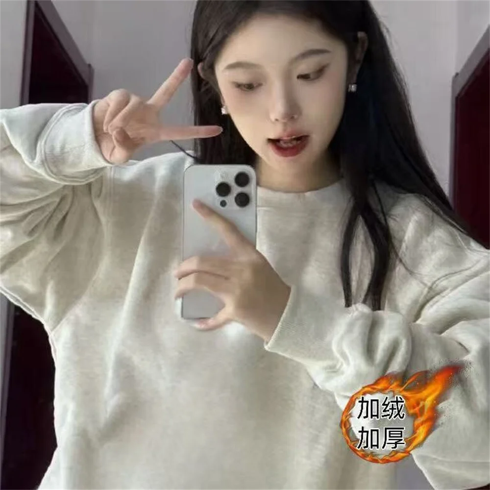 جولة الرقبة هوديي بلون الأمريكية الرجعية الخريف والشتاء سترة جديدة عارضة الربيع والخريف فضفاضة كسول أعلى بأكمام طويلة #3