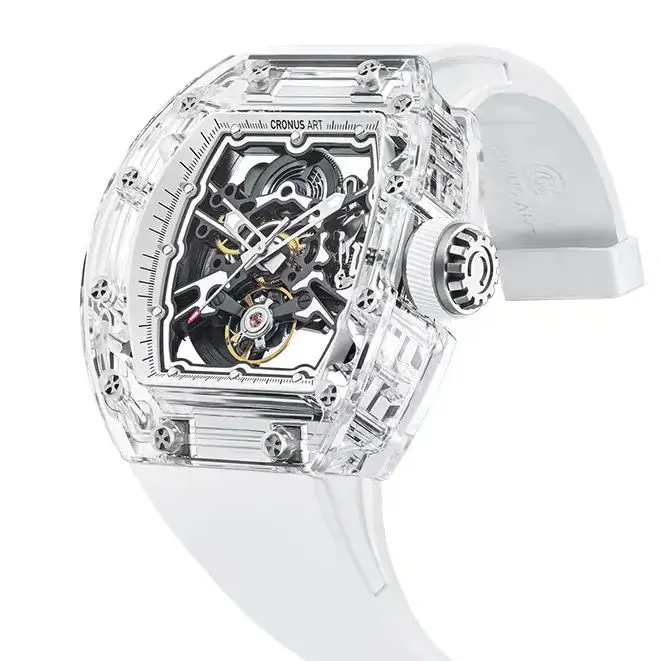 

Мужские автоматические часы CRONUSART 50 мм, механические наручные часы Tonneau, акриловый корпус, светящийся сапфировый циферблат, ремешок FKM, скелетонизированный циферблат