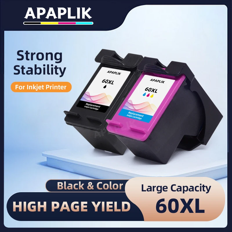 خرطوشة حبر ملونة معاد تصنيعها من APAPLIK 60 60XL للطابعات HP DeskJet D2530 D2545 F2430 F4224 F4440 F4480