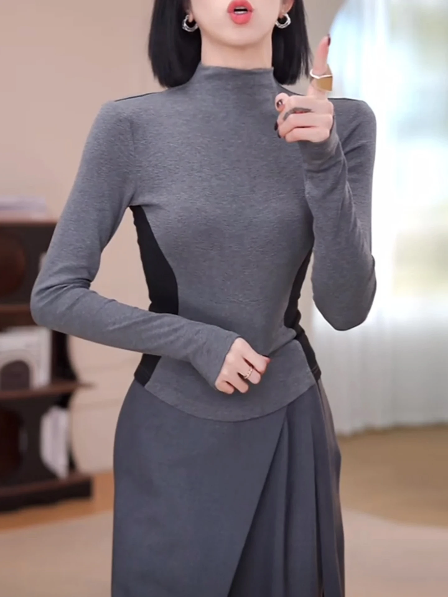 Slim Fit Contrast Color Inner Wear T-irt Faion Luxury Design Trendy Long Sve Autumn Winter Top Overhead Base irt Ladies