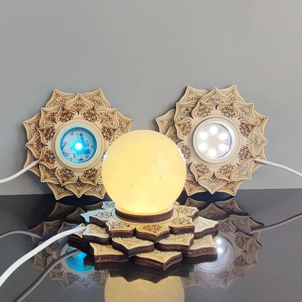 LED 3D Night Light Crystal Ball Base Quadrangle Tower Shape Wooden Bracket Crystal Ball Stand Natural Stones Sphere Holder Decor