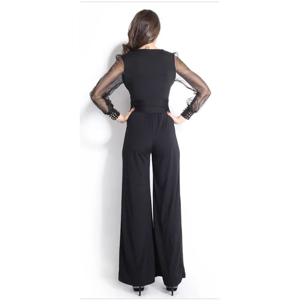 Long Sleeve Jumpsuits For Women Dressy Casual Mock Neck Ruched Ribbed Wide Leg Romper One Piece Formal Jumpsuit