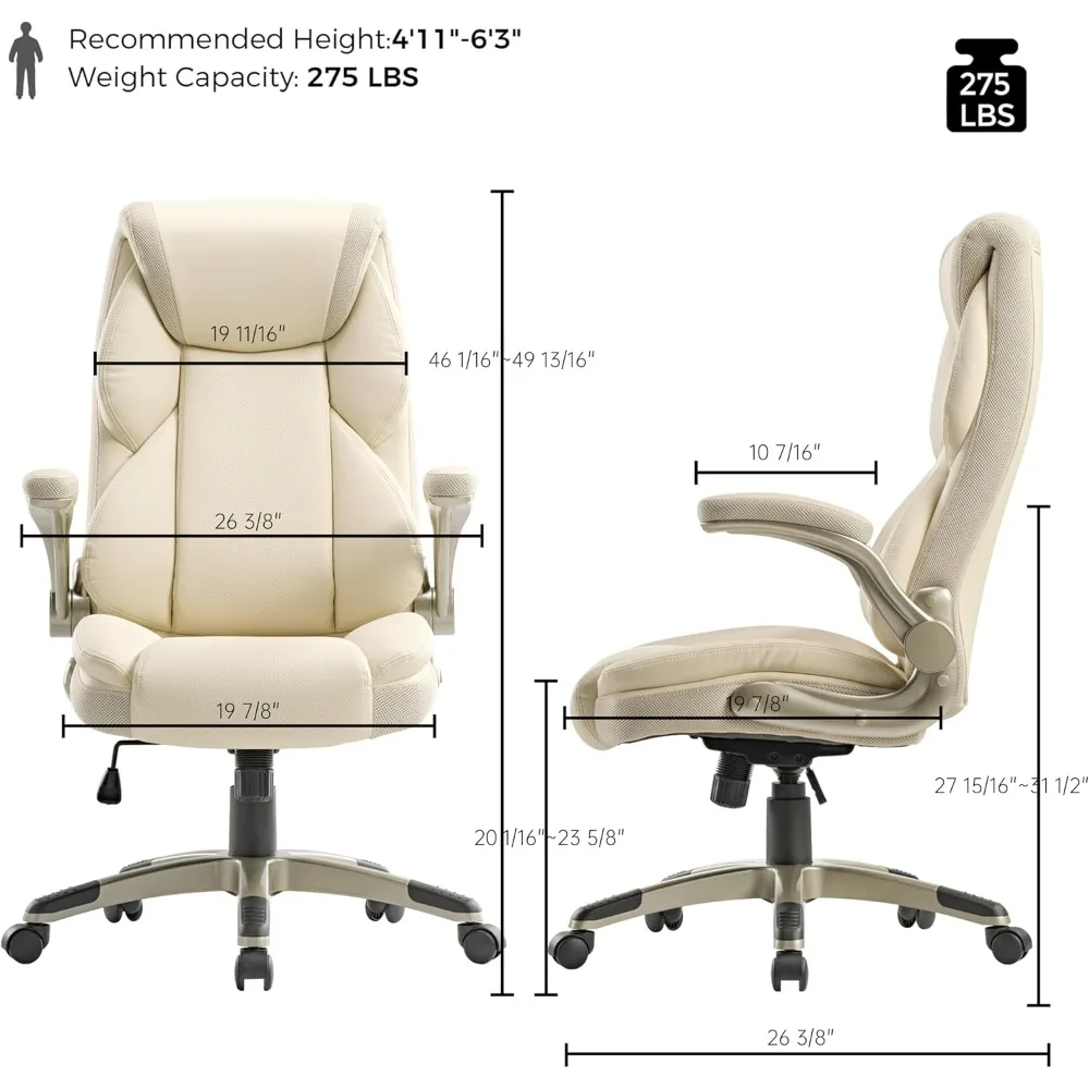 Ergonomic executive office chair with flip armrests, high back office chair with headrest, home office desk chair with wheels