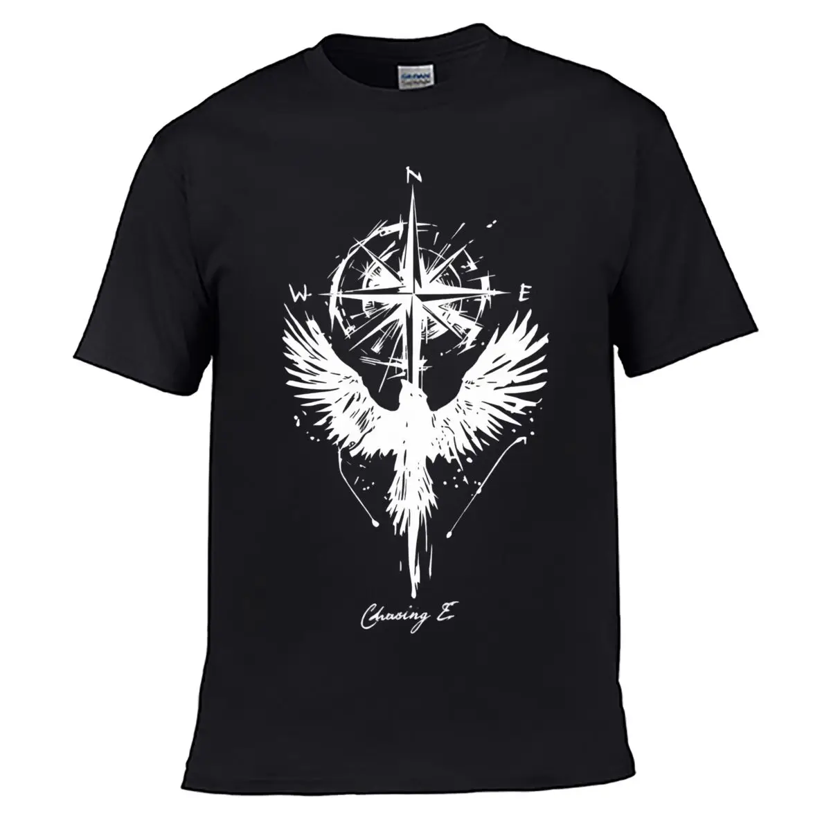 Winged Compass Rose Minimalist Line Art Design Street Distressed Washed Loose Simple Tee