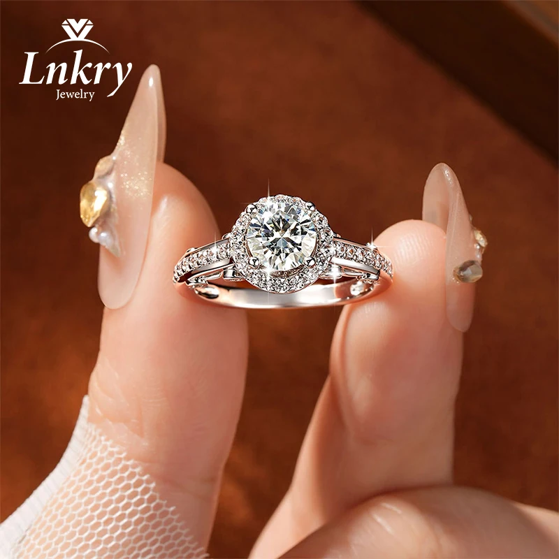 Lnkry Certified Moissanite Halo Engagement Ring Sparkling 6.5MM Lab Diamond Wedding Rings for Women Bridal Fine Jewely Gift