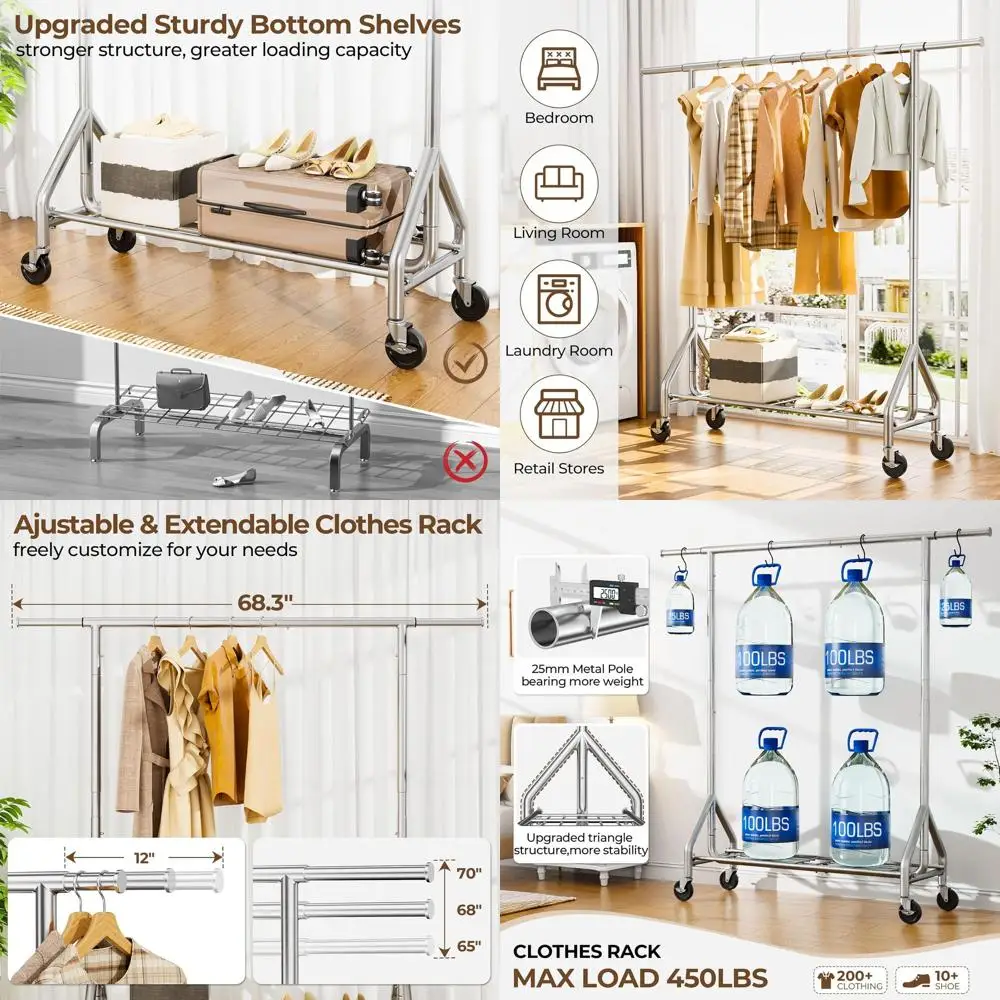

Sturdy Metal Rolling Clothes Rack, 450 lbs Capacity, with Wheels & Shelves, Portable Wardrobe Organizer, Silver