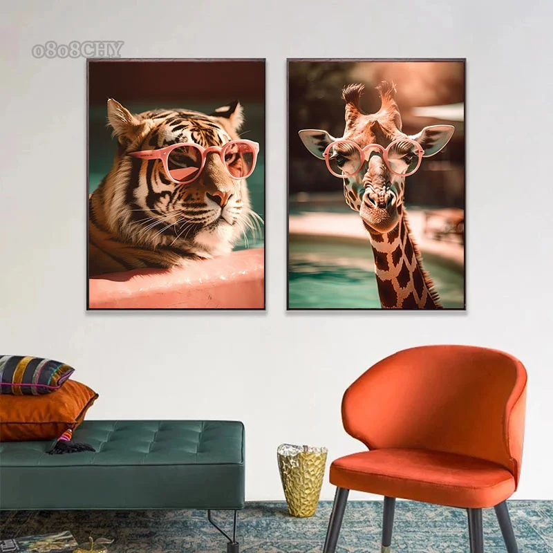 Animals with Sunglass Fashion Posters Cool Giraffe Sloth Chimpanzee Animals Mural Funny Wall Rt Pictures for Room Home Decor