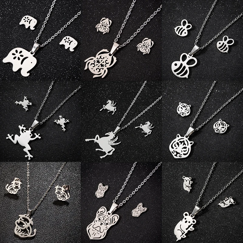 Vintage Stainless Steel Elephant Scarab Charm Necklace Women Cute Koala Tiger Jewelry Set Girls Animal Earring Accessories