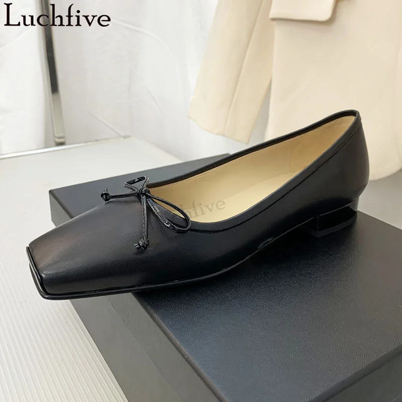 Summer New Genuine Leather Flat Shoes Women Square Toe Shallow Mouth Doudou Shoes Woman Luxury Runway Brand Walk Shoes Mujer