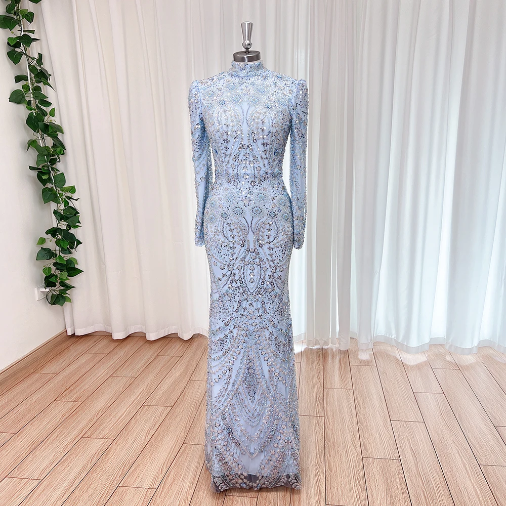 Elegant Muslim Evening Dress for Women Detachable Train 2024 Long Sleeves Bead Mermaid Formal Prom Wedding Party Gown Customized