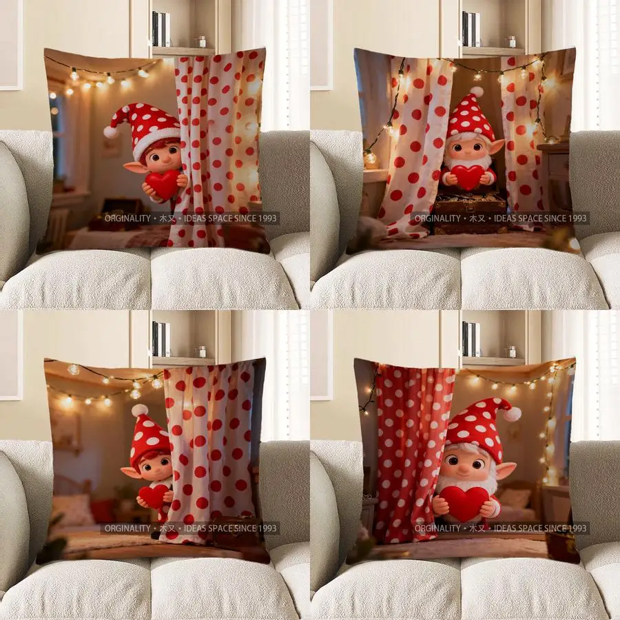 

2D Elf Peeking With Heart On Polka Dot Curtain Pattern Cushion Cover Suitable For Sofa Bedroom Car Pillow Cover