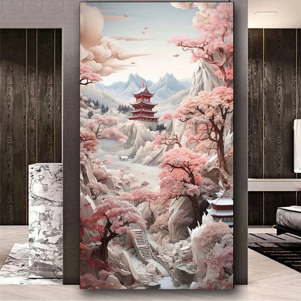 

Розовый Сакура Вулкан храм Diy алмазное искусство полный кристалл квадратная Алмазная мозаика ювелирные изделия вышивка крестиком для домашнего декора большой размер