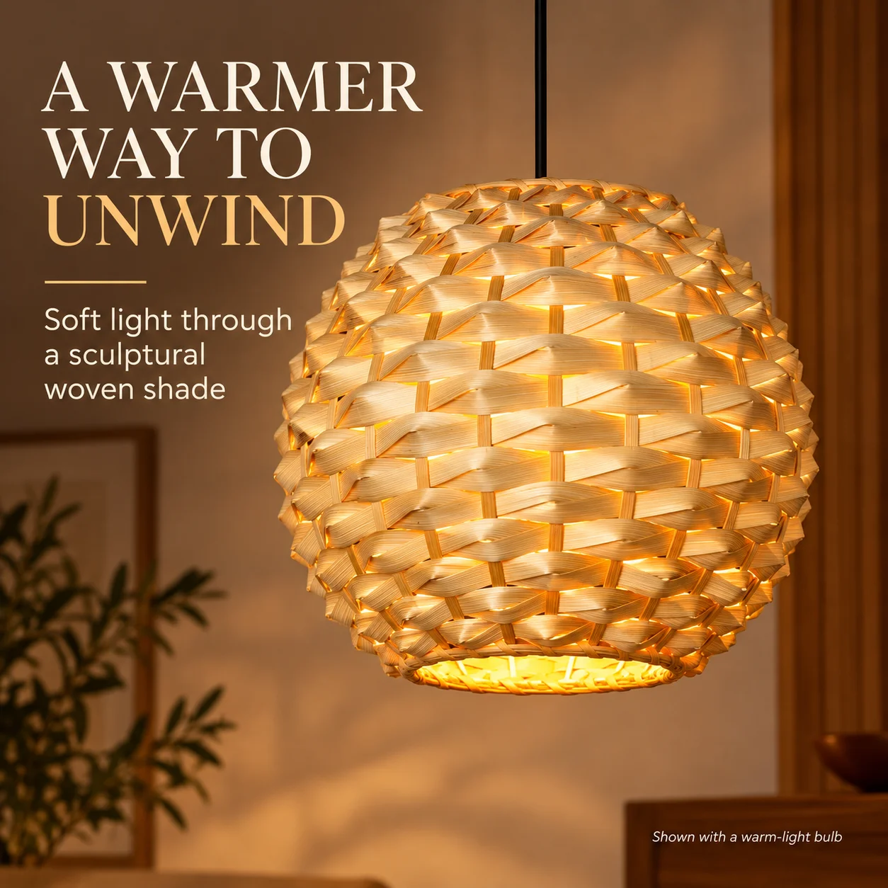JOYINLED Boho Bamboo Pendant Light Handmade Woven Globe Hanging Lamp with Adjustable Cord for Kitchen Island Dining Room Bedroom