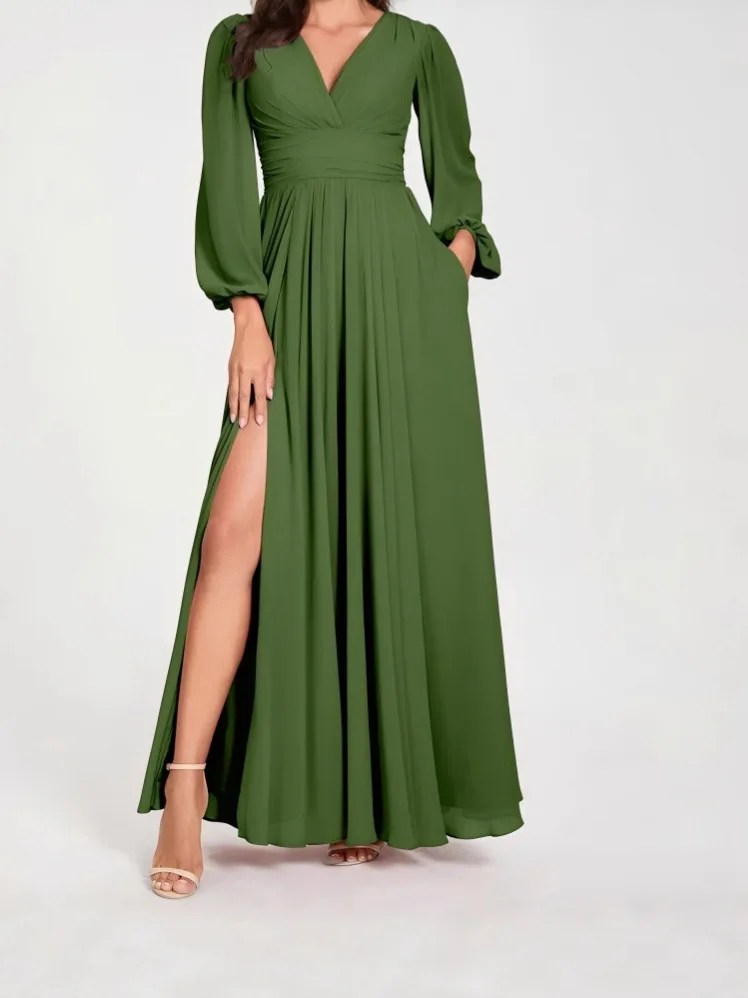 Vestido sofisticado vestido assimétrico profundo, elegante, plissado, volumoso, chiffon, romântico, até o chão