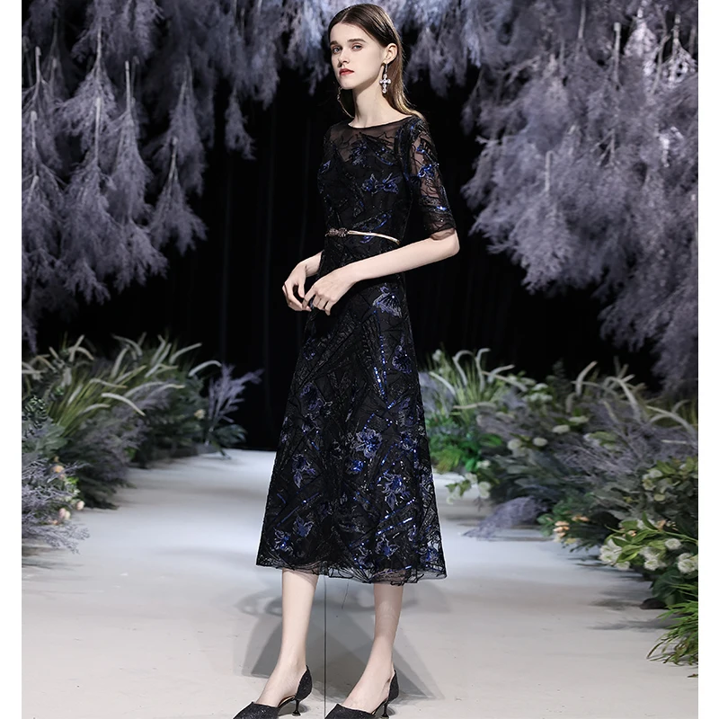 

Sequined Lace Mother Of The Bride Dresses Elegant Scoop Neck A-Line Tea-Length Women Formal Evening Gowns For Wedding Party