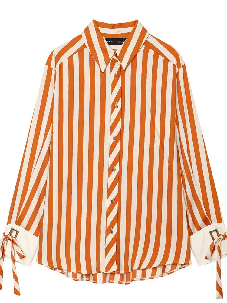 HH Women Spring Old Money Striped Button Down Shirt Collared Contrast Tie Cuff Long Sleeve Blouse For Office Work Daily Wear