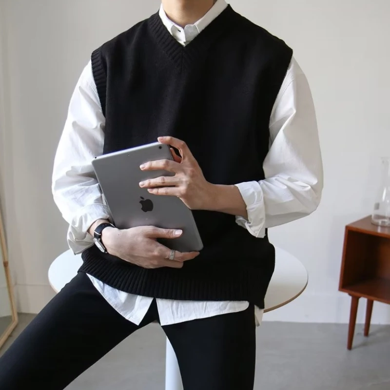 Black Sweater Vest Men Hot Sales Korean Style Chic Solid Autumn Basic Casual Sleeveless Knitwear V-neck Retro Loose High Street