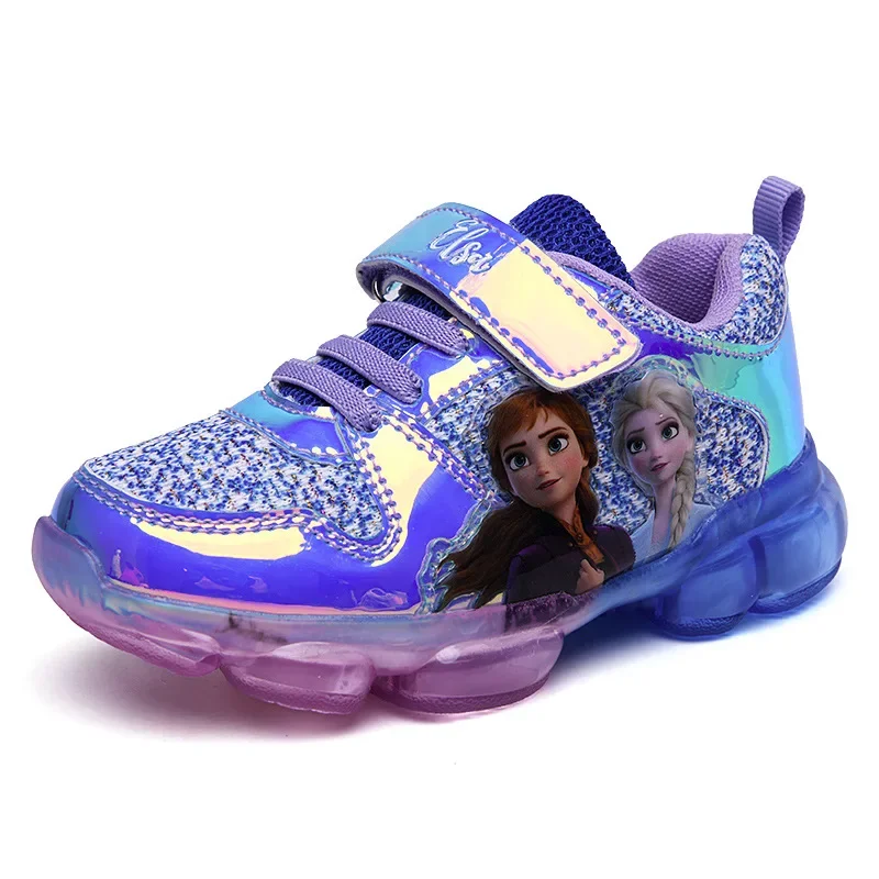 Disney girls sports shoes spring summer new high-top children\'s casual shoes LED light rubber artificial leather elsa shoes