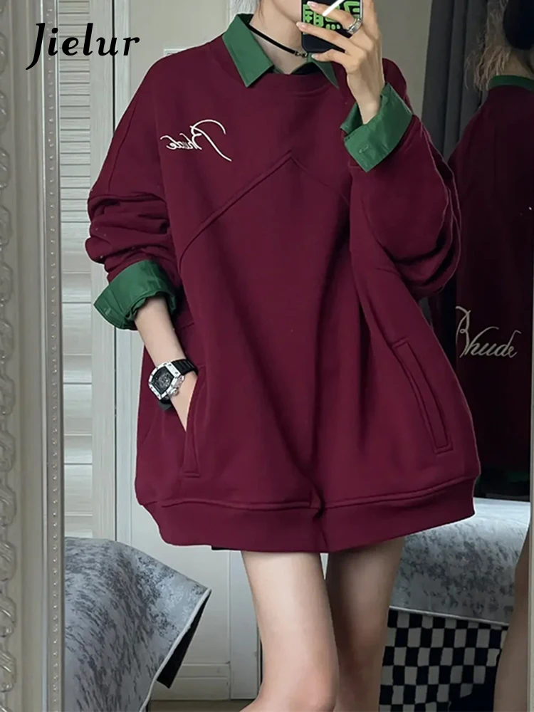 Jielur Wine Red Loose Fashion American Vintage Female Hoodies Autumn New Chic Pockets Contrast Color Simple Casual Women Hoodies