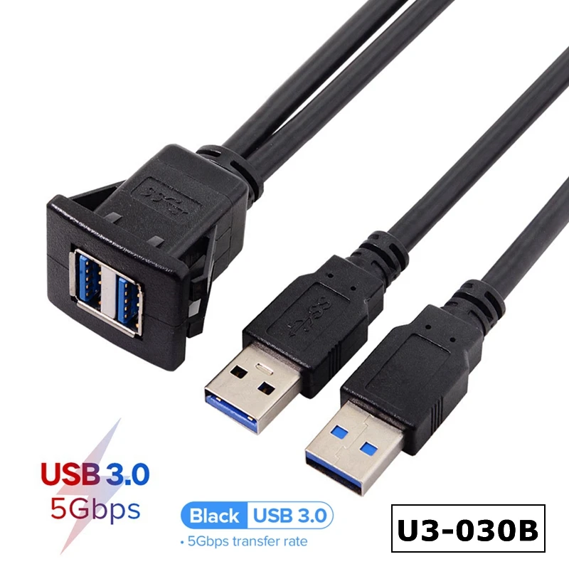 Двойной USB-разъем, удлинитель USB, удлинитель с утопленным креплением для автомобиля, панели приборной панели, квадратный USB-кабель для автомобиля, мотоцикла