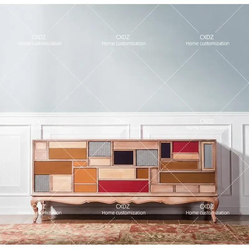 Country Neoclassical Solid Wood Oak Chest of Drawers TV Cabinet High Storage Unit for Living Room Porch Log Furniture