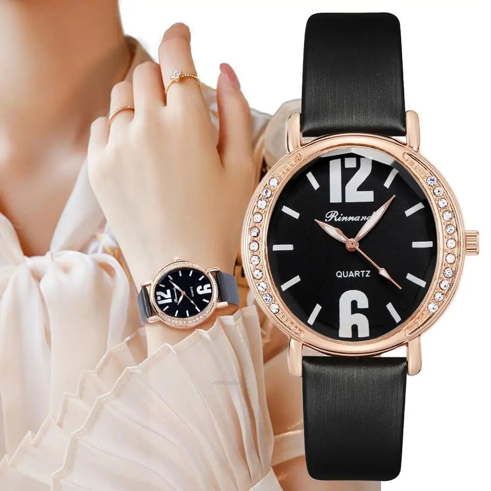 

Fashion Brand Women's Watch Quartz Luxury Rhinestone Set Oval Digital Women's Wristwatch Black Leather Strap Women's Clock