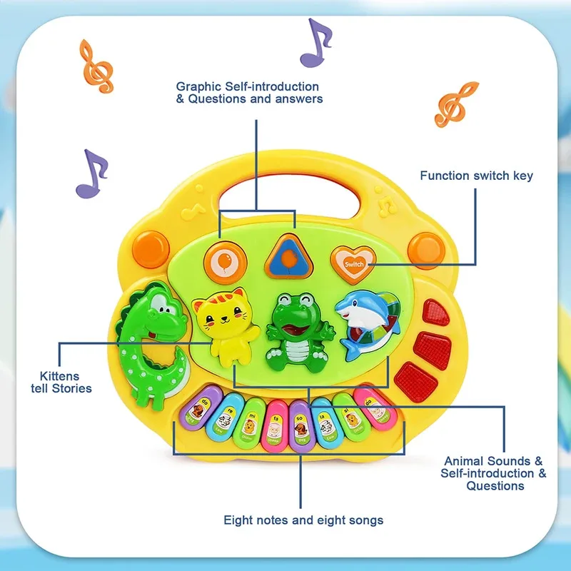 Kids Cartoon Piano Keyboard Game with Animal Sounds Flashing Light Music Baby Instrument Music Toys Educational Toys Kids Gifts