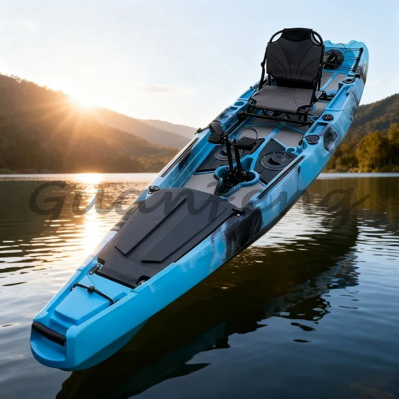 3.2m / 3.6m Blue Single-Person Pedal Kayak, LLDPE Material, One Person Pedal Kayak for Lake & River, Fishing and Surfing Use
