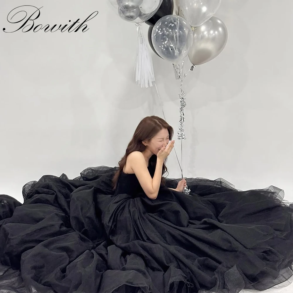 

Bowith Black Prom Dresses Strapless Soft Tulle Korean Evening Party Dresses Customized Photo Shoot Dress Girls Birthday Dresses