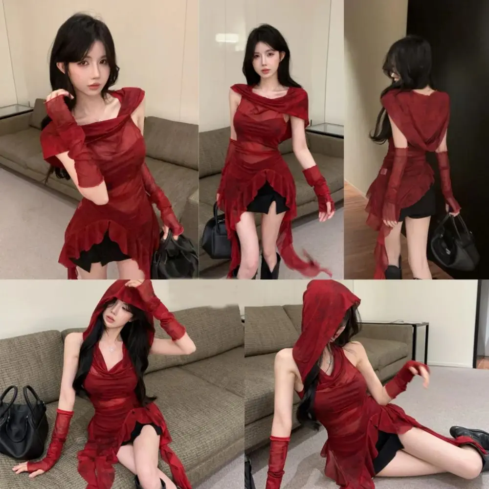 

Y2K Tees Ruffle Long Sleeve Shirt Mesh Hooded T-shirt Vintage Gothic Hooded with Sleeves Square Neckline Design Long Sleeve Tops