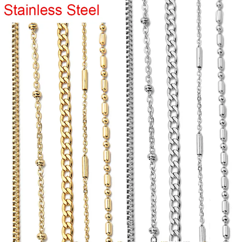 

2meters Stainless Steel Bracelets Necklace Chains Bulk Golden Color Metal Cuban Ball Bead Link Chains Lot for Diy Jewelry Making