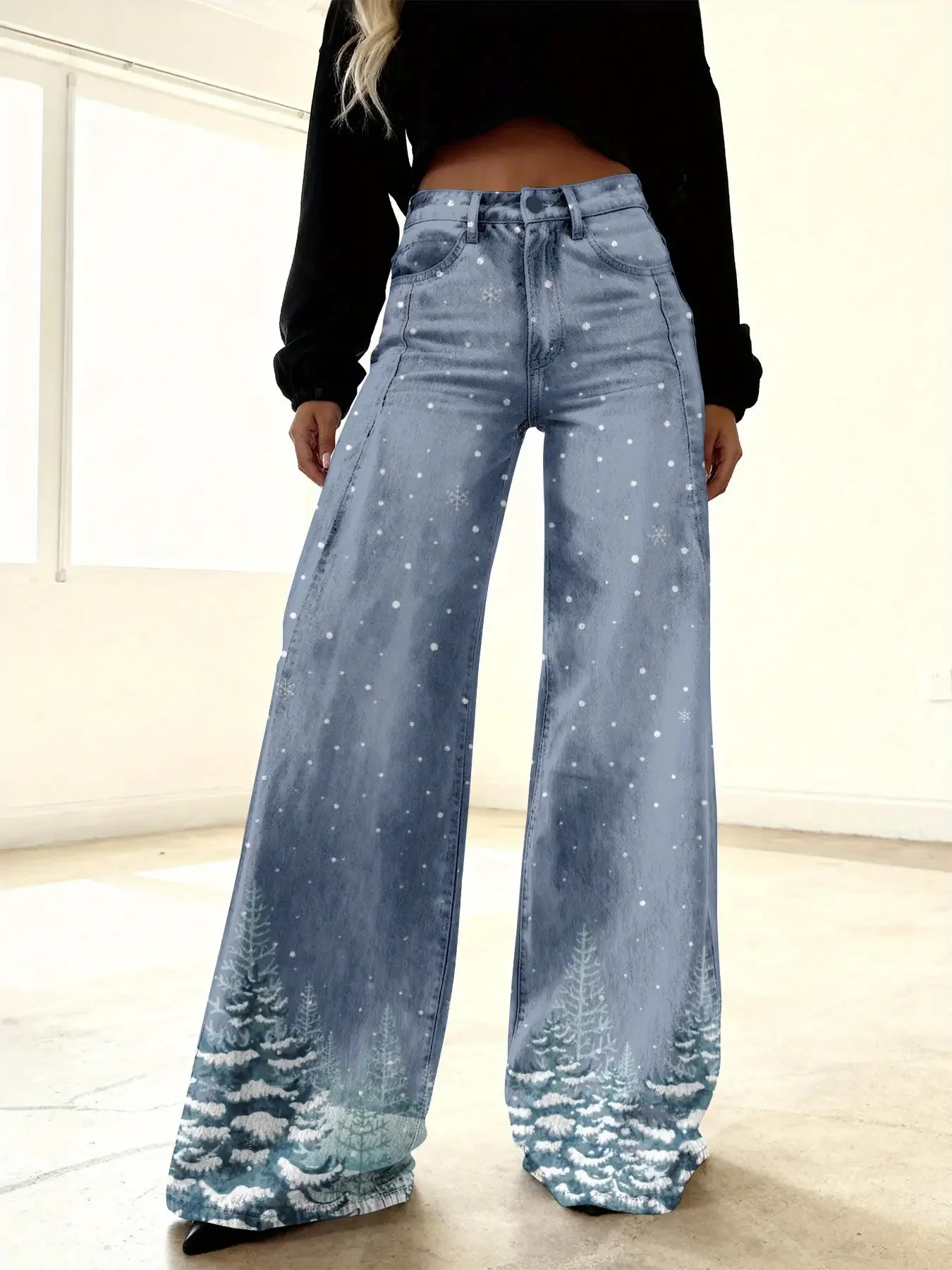 2026 Christmas ladies' new printed retro jeans, imitation denim fabric, Extra large button crutch pattern