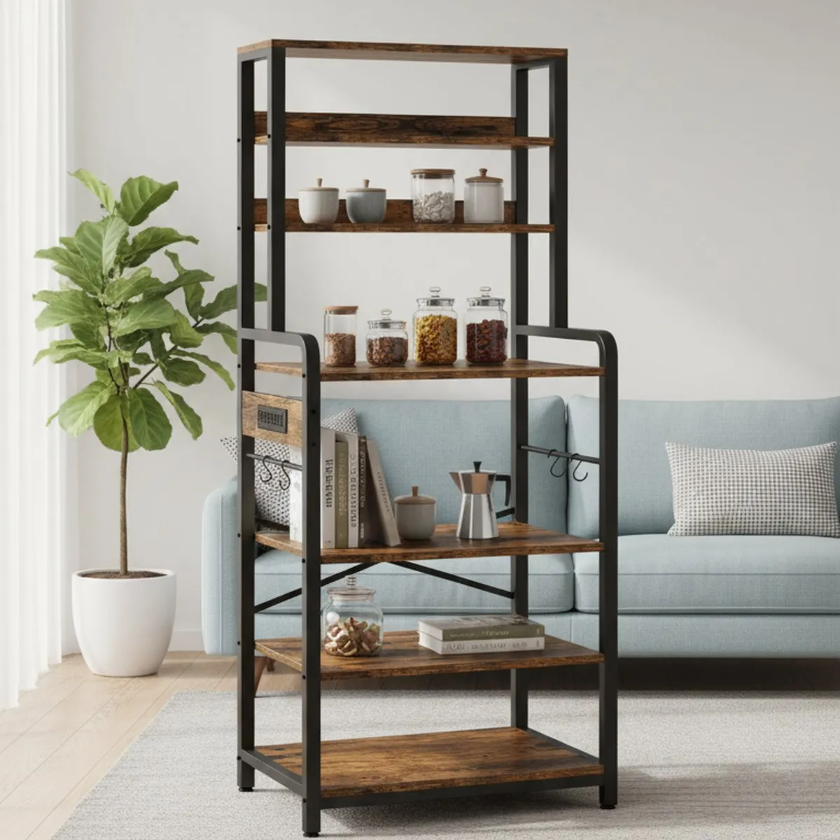 Large 7 Tier Kitchen Shelf Rustic Brown Microwave Cart with Outlet and Hooks