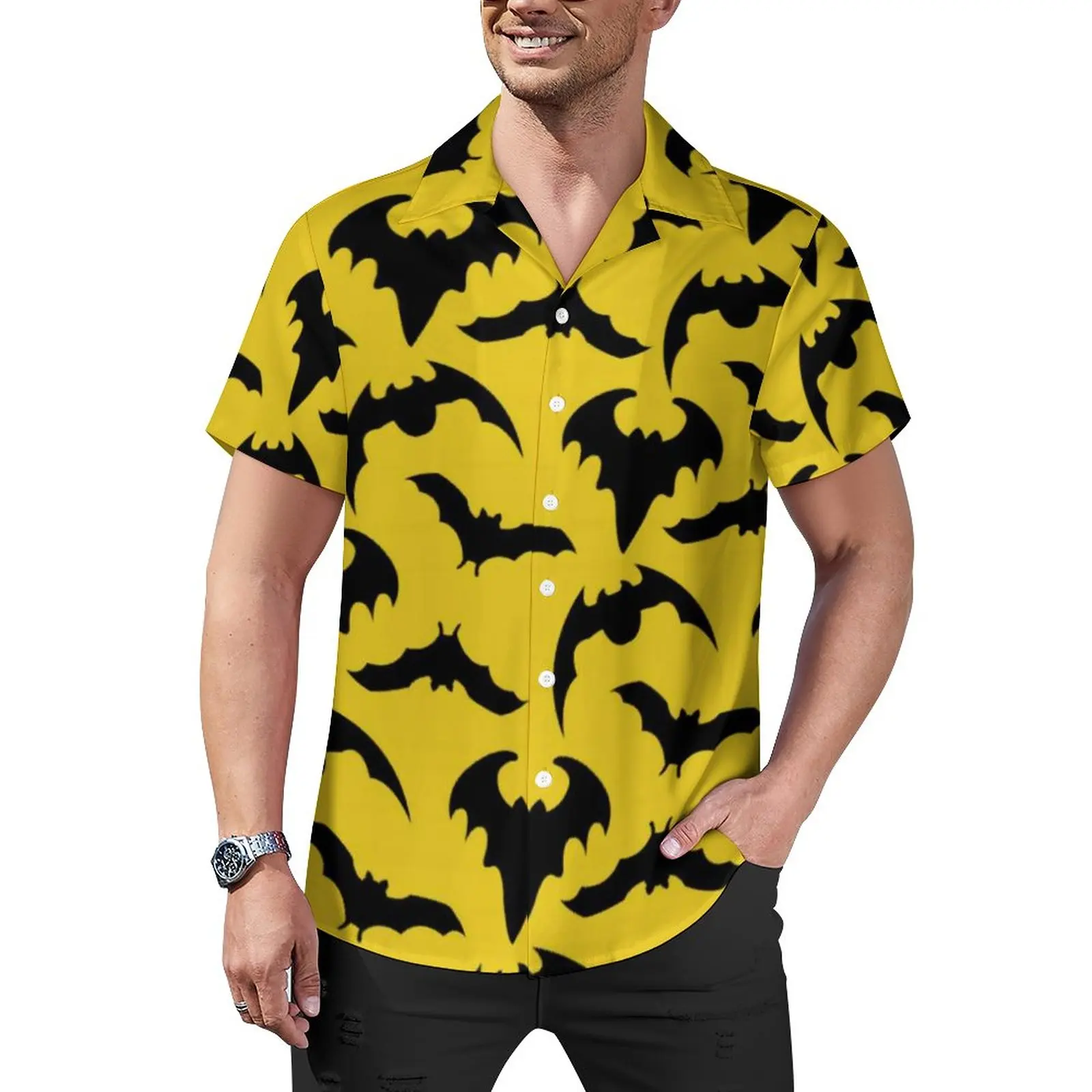 Gothic Halloween Casual Shirts Yellow Black Bats Beach Shirt Hawaii Y2K Blouses Mens Print Big Size