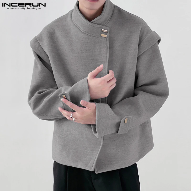 INCERUN Men Commuting Loose Jackets 2024 Casual Solid Color Simple ELegant Tops Stand Collar Fashion Long Sleeved Leisure Coats