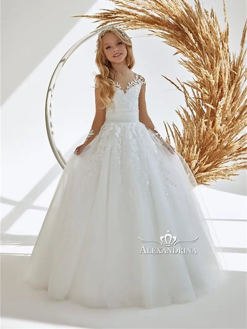 

Graceful V Neck Flower Girl Dresses Button Appliques Sequined Tulle Custom Made Full Illusion Sleeves Dress