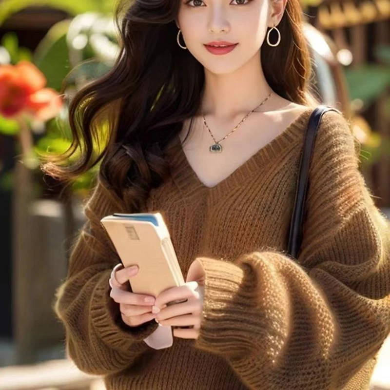 Damski sweter z bufiastymi rękawami, wzór wiśniowy, ciemnoczerwony top, inspirowany jesienią, nowość