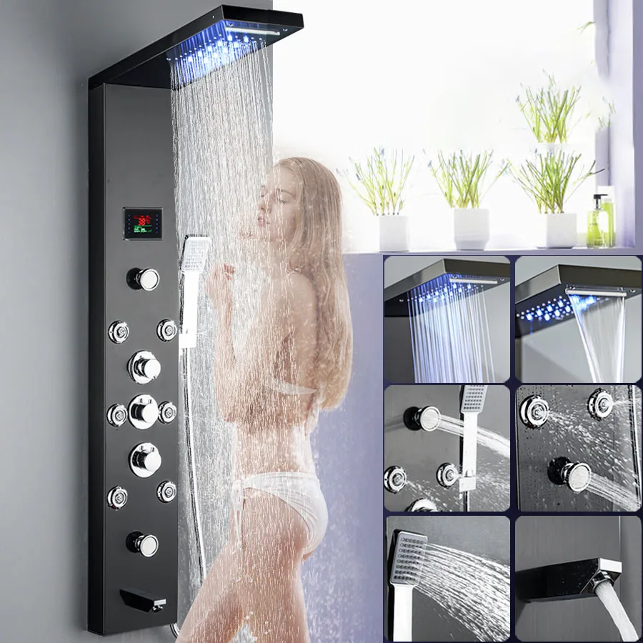 

Hot Selling Black Shower Panel System Hotel Bathroom Rainfall Shower Panel Set Stainless Steel Wall Mounted Shower Panel