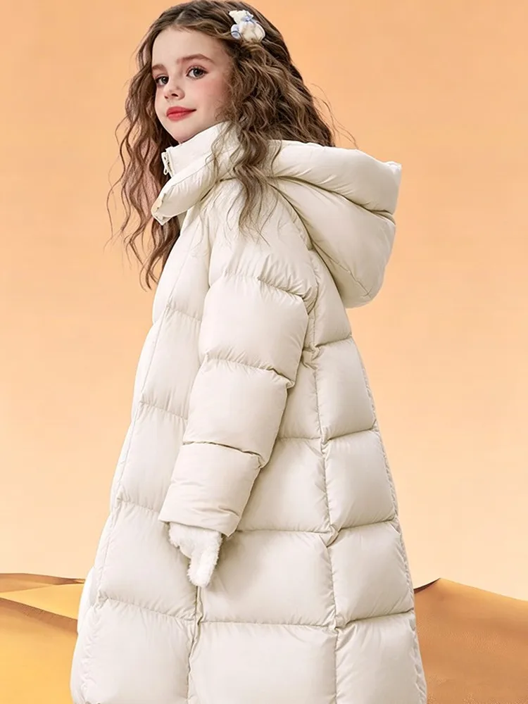 Wintermantel für Mädchen, lang, mit Kapuze, aus 90 % weißen Entendaunen, wasserdichtes, winddichtes und schmutzabweisendes Material, warme Daunenjacke für kaltes Wetter, für Kinder von 4 bis 14 Jahren. – Detail 11