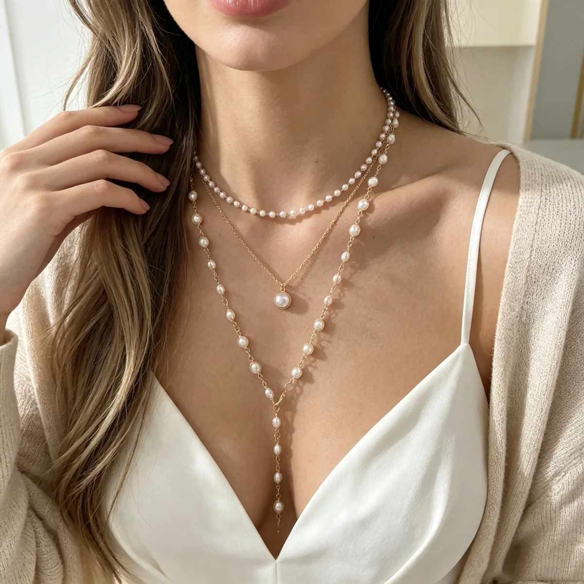 Vintage Elegante Simulierte Perlen-Halskette für Damen, Mehrschichtige Y-förmige Pulloverkette, Choker, Hochzeitsschmuck – Detail 8