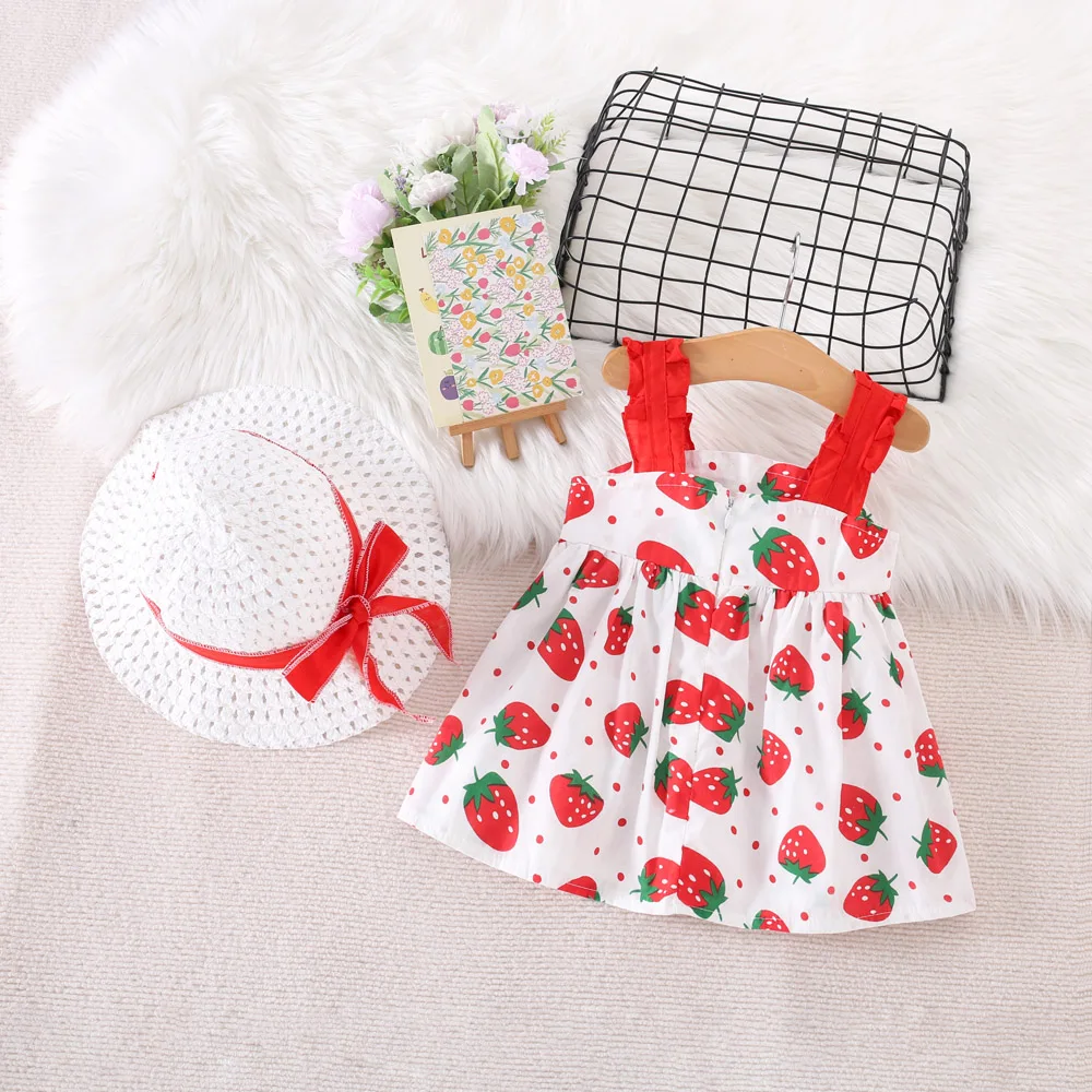 Summer 2/Piece Girls\' Dress Hat Baby Girl Pleated Sleeveless Strawberry Print Big Bow Decoration Beach Dress