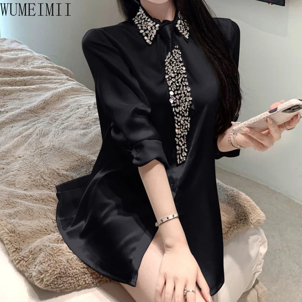2025 spring new diablo granular rhinestone beads tie heavy industry satin shirt  women tops blouse