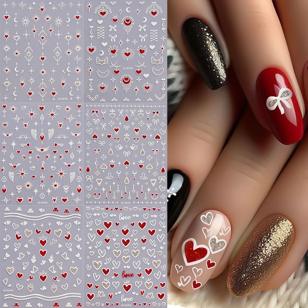 6 ชิ้น Sparkly Glitter สติกเกอร์เล็บหัวใจสีขาว Bowknot Star Moon Self - กาวสติ๊กเกอร์ Y2K Starlight Sliders ตกแต่งเล็บ