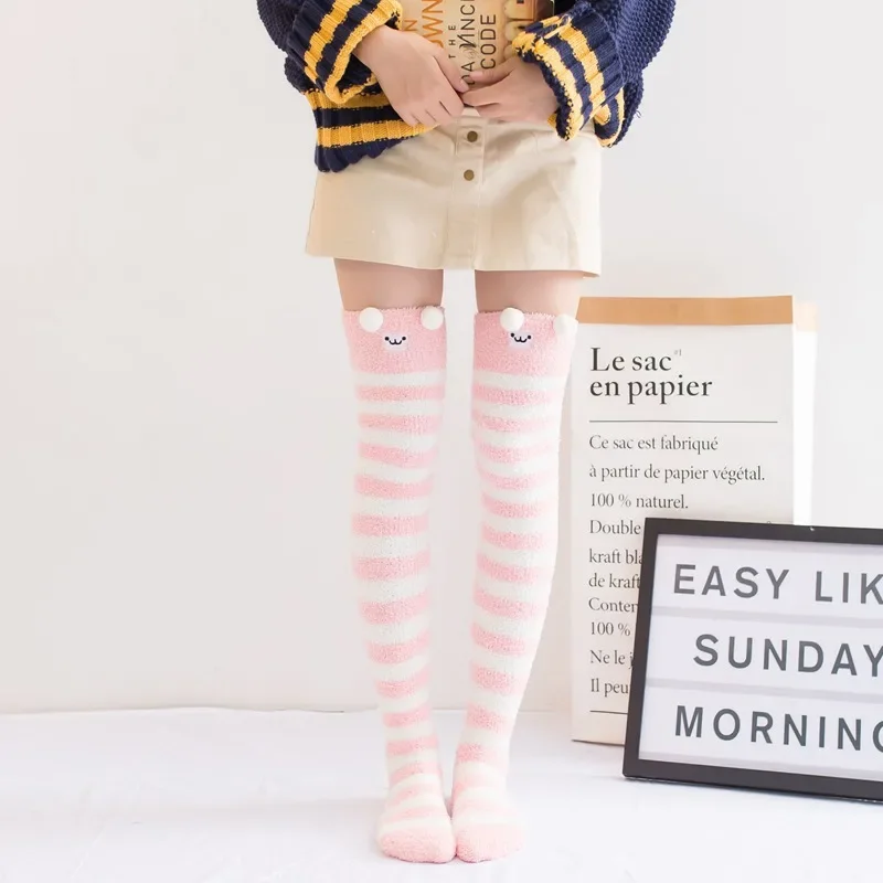 Japanese Girl Animal Modeling Knee Socks Striped Cute Lovely Kawaii Cozy Long Thigh High Socks Compression Winter Warm Sock