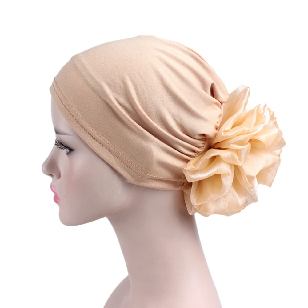 

Women Turban Hat Big Flower Beanie Cap Solid Color Elastic Bandanas Headwrap Chemo Cap Breathable Head Wrap Cap